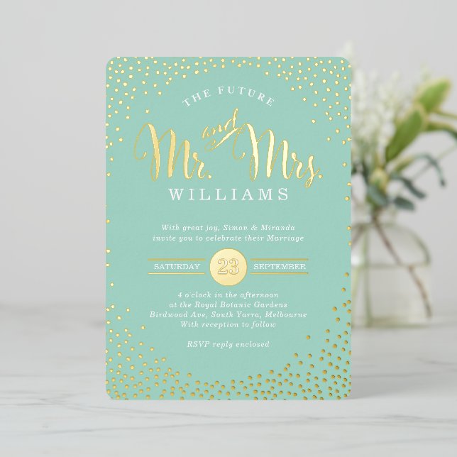 MODERN STYLISH WEDDING mini confetti mint gold Foil Invitation (Standing Front)