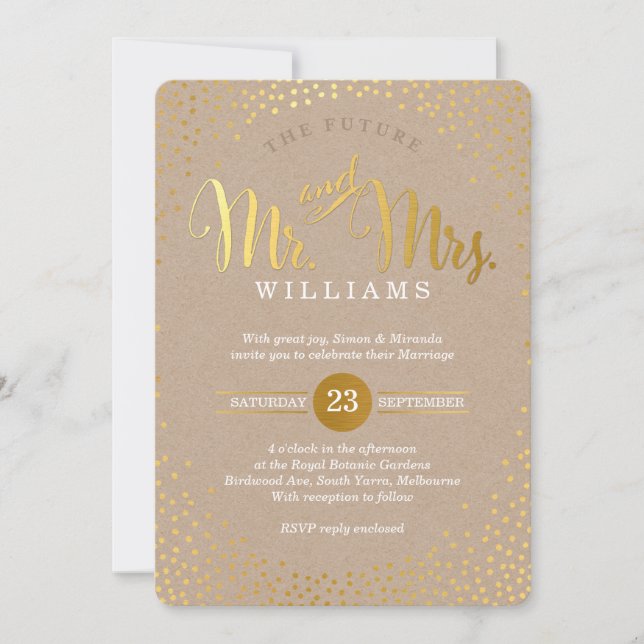 MODERN STYLISH WEDDING mini gold confetti kraft Invitation (Front)