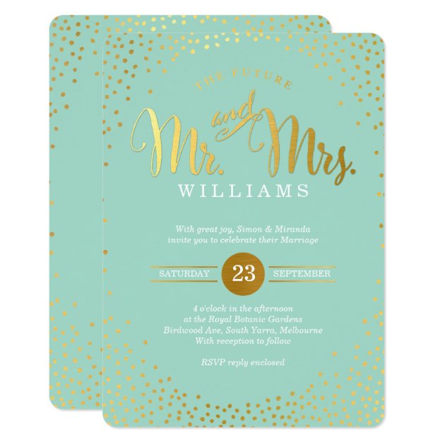 MODERN STYLISH WEDDING Mini Gold Confetti Mint Invitation