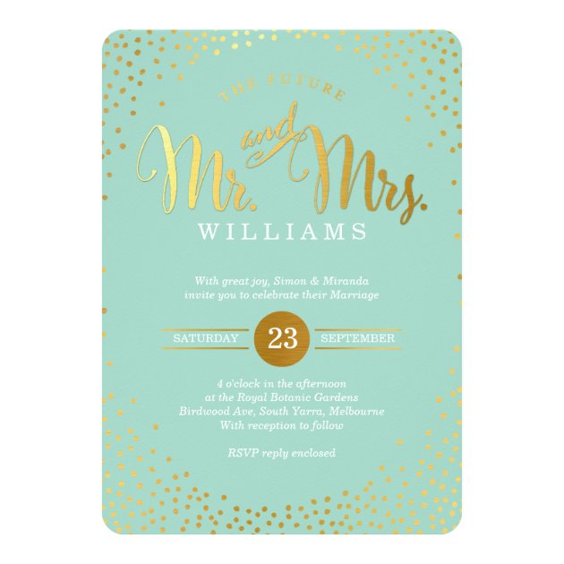 MODERN STYLISH WEDDING Mini Gold Confetti Mint Invitation
