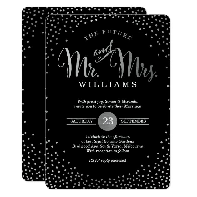 MODERN STYLISH WEDDING Mini Silver Confetti Black Invitation