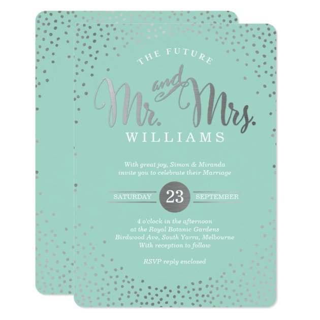 MODERN STYLISH WEDDING Mini Silver Confetti Mint Invitation