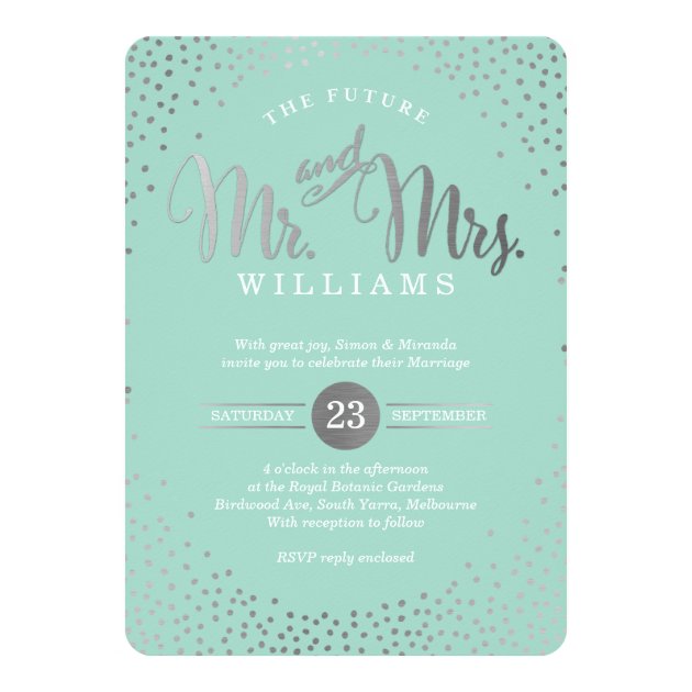 MODERN STYLISH WEDDING Mini Silver Confetti Mint Invitation