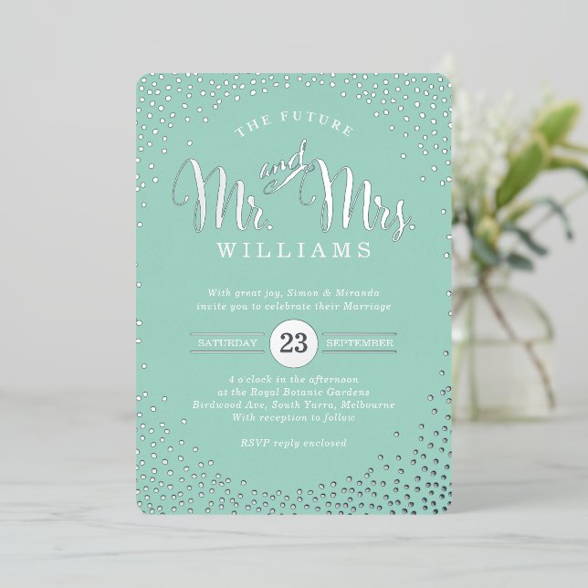 MODERN STYLISH WEDDING mini silver confetti mint Foil Invitation (Standing Front)