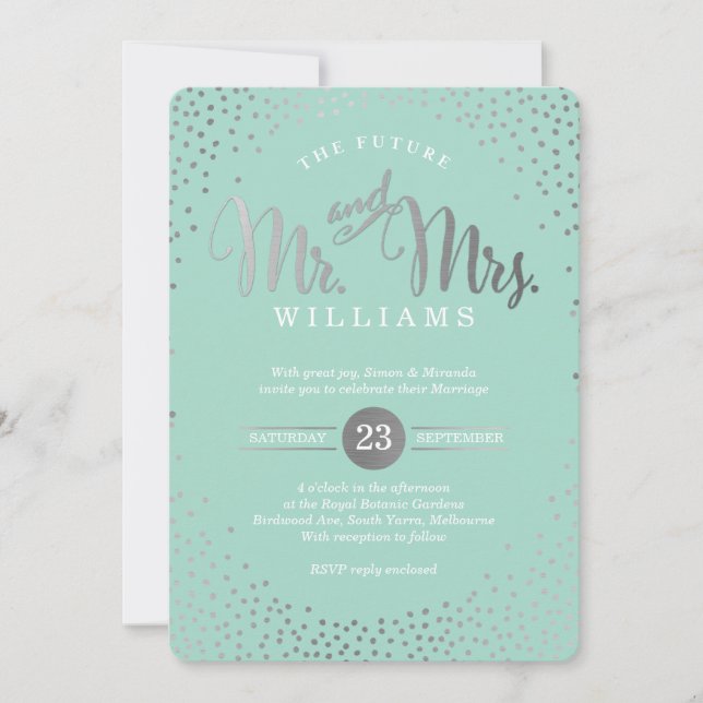 MODERN STYLISH WEDDING mini silver confetti mint Invitation (Front)