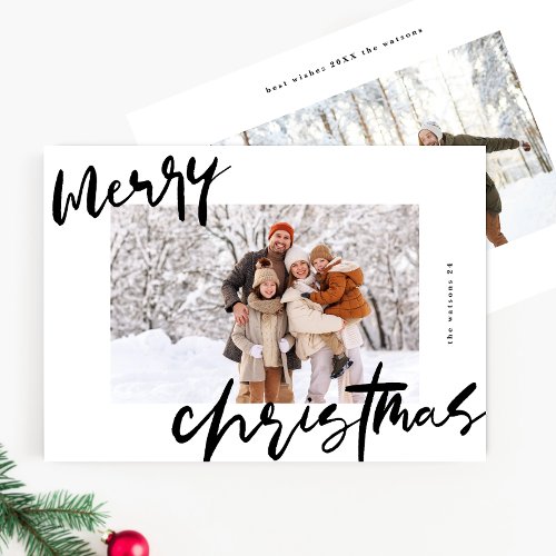 modern stylish white  black photo merry christmas holiday card