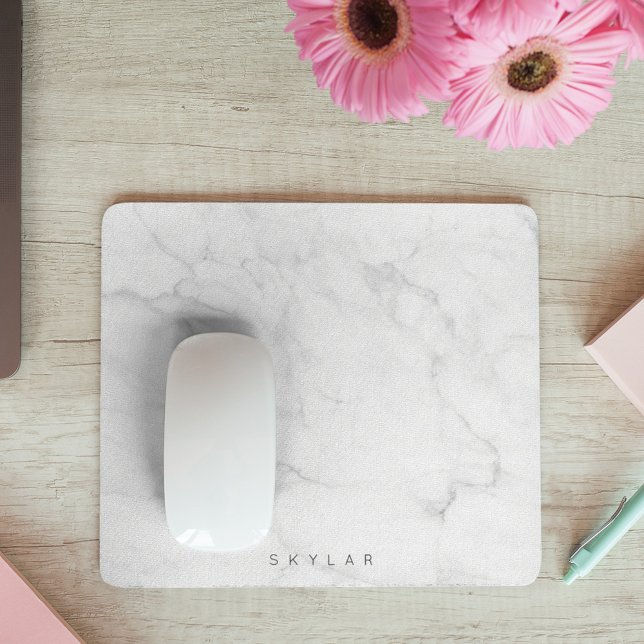 Modern Stylish White & Grey Marble Custom Name Mouse Pad (Creator Uploaded)
