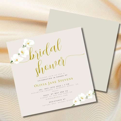 Modern Stylish White Orchid Beige Bridal Shower Invitation