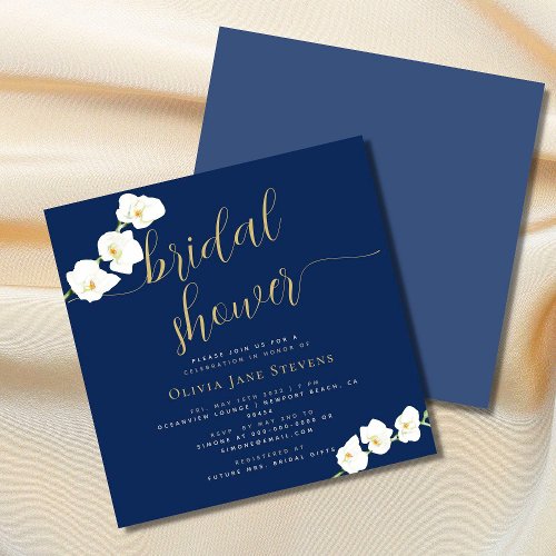 Modern Stylish White Orchid Navy Bridal Shower Invitation