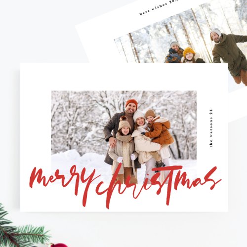 modern stylish white  red photo merry christmas holiday card