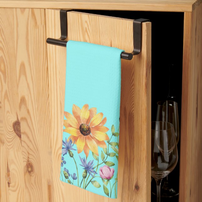 Modern Stylish Wildflowers on Teal Background Kitchen Towel (Thirds Fold)