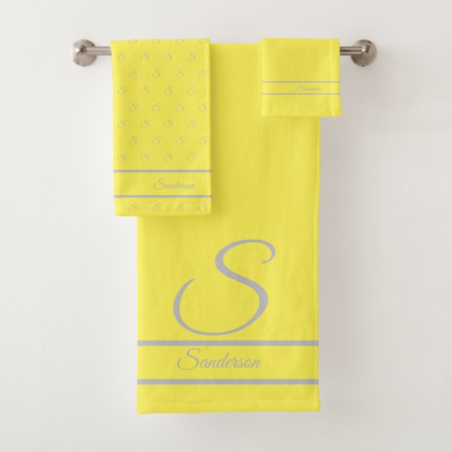 Modern Stylish  Yellow and Gray Monogram  Bath Towel Set (Insitu)