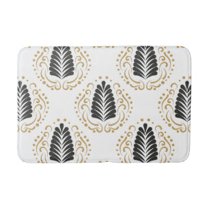 Modern Stylized Gray & Gold Damasks On White Bath Mat
