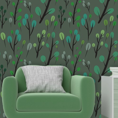 Modern Stylized Green Trees with Black Trunks Wallpaper