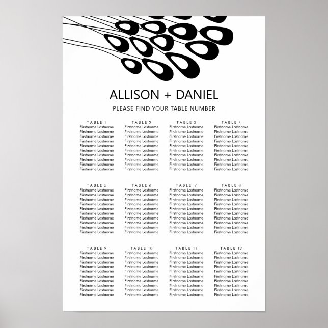 Modern Stylized Peocock Wedding Seating Chart Sign (Front)