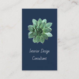 Modern Succulent Botanical Navy Blue QR code  Business Card
