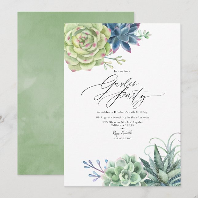 Modern Succulent Greenery Garden Party Invitation (Front/Back)