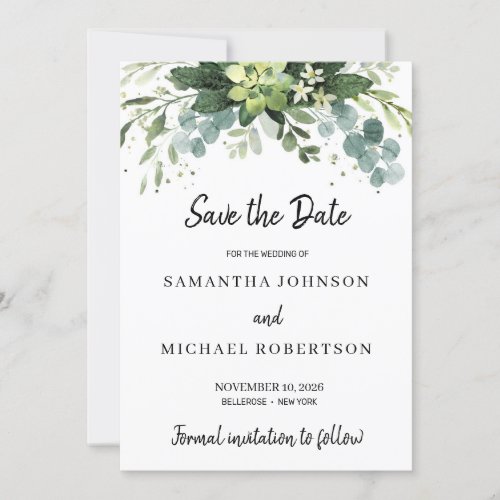 Modern succulent leaves floral save the date invitation