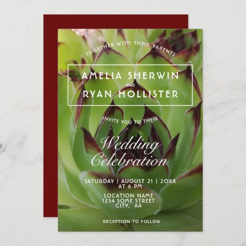 Modern Succulent Plant Botanical Wedding Invitation - Modern Succulent Plant Botanical Wedding Invitation / Botanical spring or summer wedding invitation - features a photo of green and dark red succulent plant and modern white script. Change all the details on the invitation with yours. Great for a rustic, floral and country wedding.