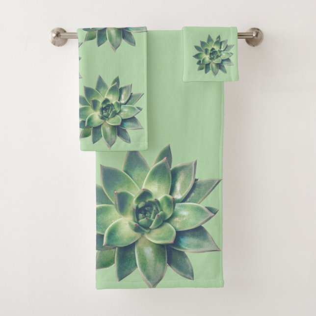 Modern Succulent Plant Leaves on Light Green Bath Towel Set (Insitu)