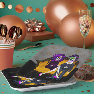 Modern Sugar Skull Couple on Vintage Yellow Couch Paper Plates
