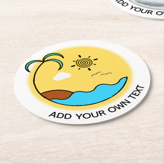 Modern Summer Beach Emblem Art Custom Text Round Paper Coaster (Angled)