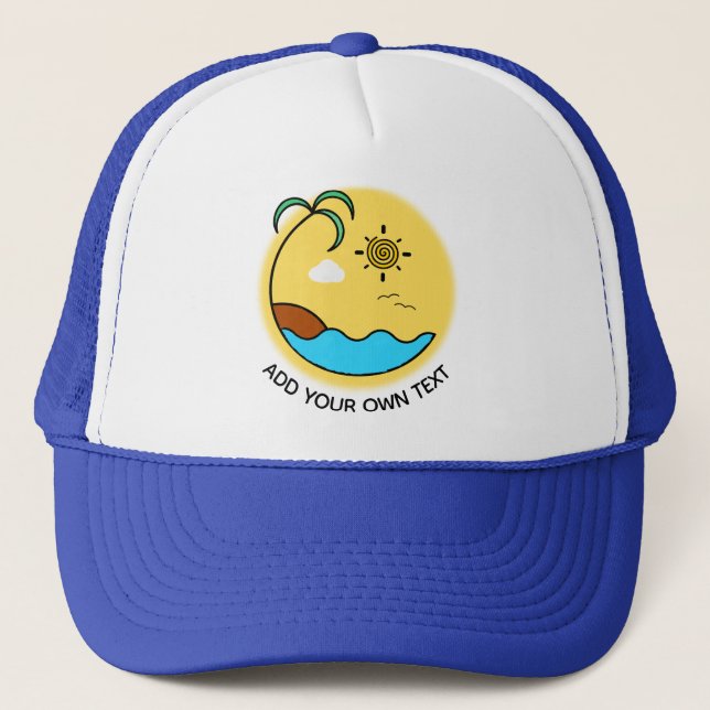 Modern Summer Beach Emblem Art Custom Text Trucker Hat (Front)