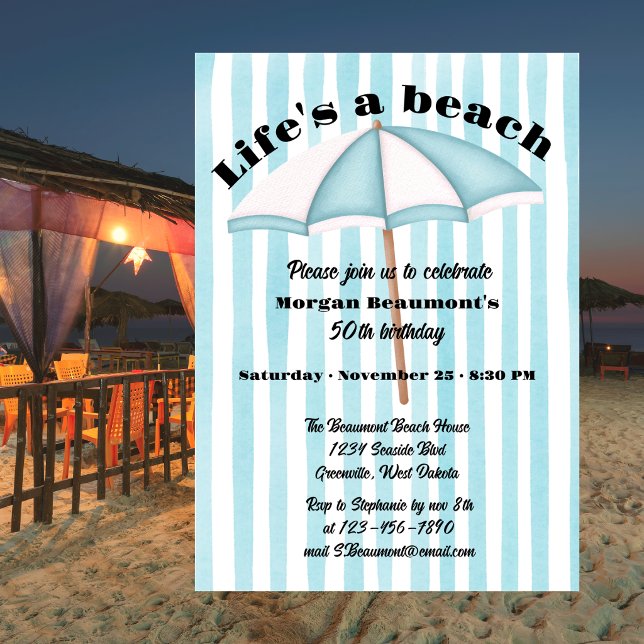 Modern Summer Beach Party Stripes 50th Birthday Invitation (Creator Uploaded)
