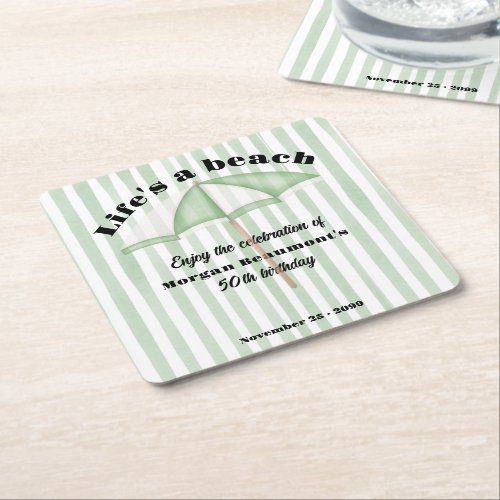 Modern Summer Beach Party Stripes 50th Birthday Square Paper Coaster