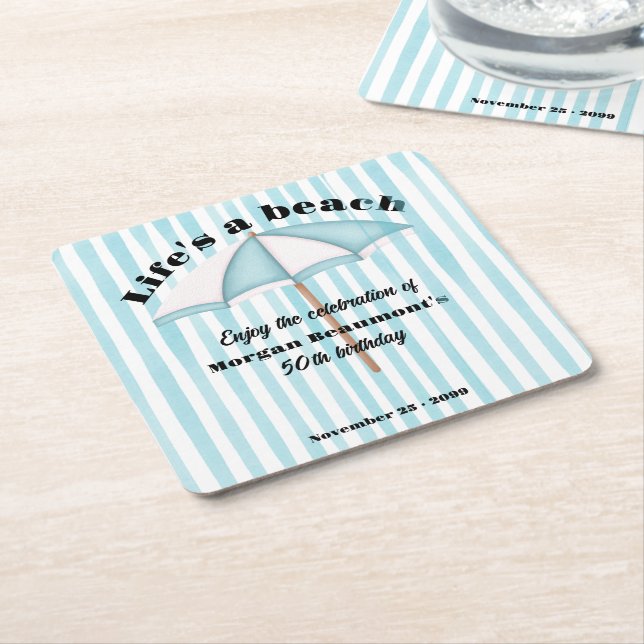 Modern Summer Beach Party Stripes 50th Birthday Square Paper Coaster (Angled)