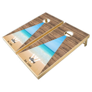Modern Summer Beach Rustic Wood Tone Monogram Name Cornhole Set