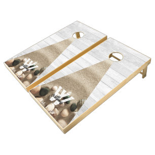Modern Summer Beach Rustic Wood Tone Monogram Name Cornhole Set