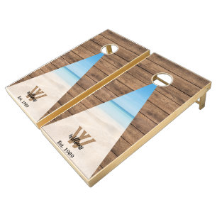 Modern Summer Beach Rustic Wood Tone Monogram Name Cornhole Set