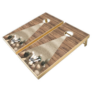 Modern Summer Beach Rustic Wood Tone Monogram Name Cornhole Set