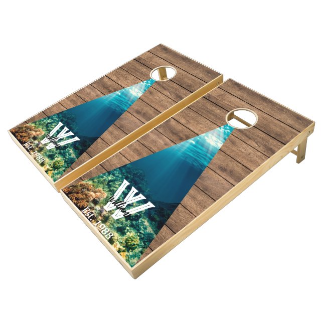 Modern Summer Beach Rustic Wood Tone Monogram Name Cornhole Set (Angled)