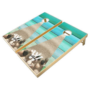 Modern Summer Beach Rustic Wood Tone Monogram Name Cornhole Set