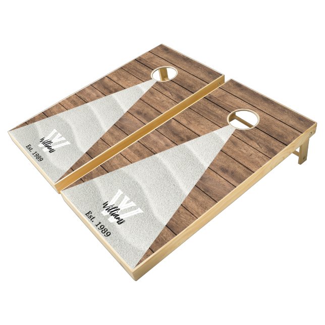 Modern Summer Beach Rustic Wood Tone Monogram Name Cornhole Set (Angled)