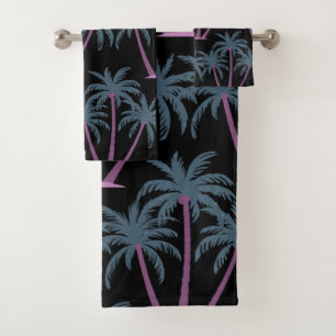 Modern Summer Botanical Three Palm Trees on Black Bath Towel Set