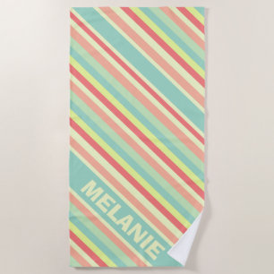 Modern Summer Colorful Diagonal Stripes Name Beach Towel