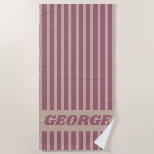 Modern Summer Dark Red Striped Personalized Beach Towel (Front)
