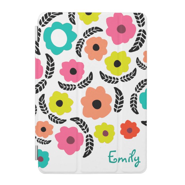 Modern Summer Flowers and Black Leaf Personalised iPad Mini Cover (Front)