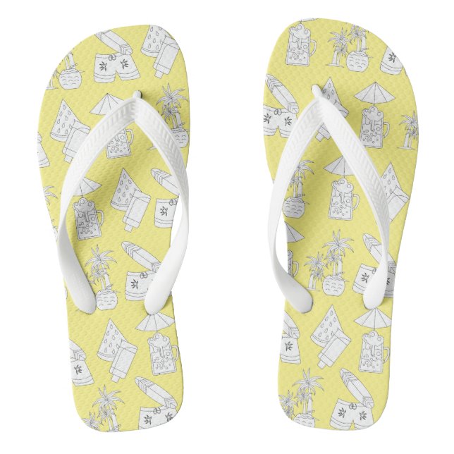 Modern Summer Line Drawings on Yellow Flip Flops (Footbed)