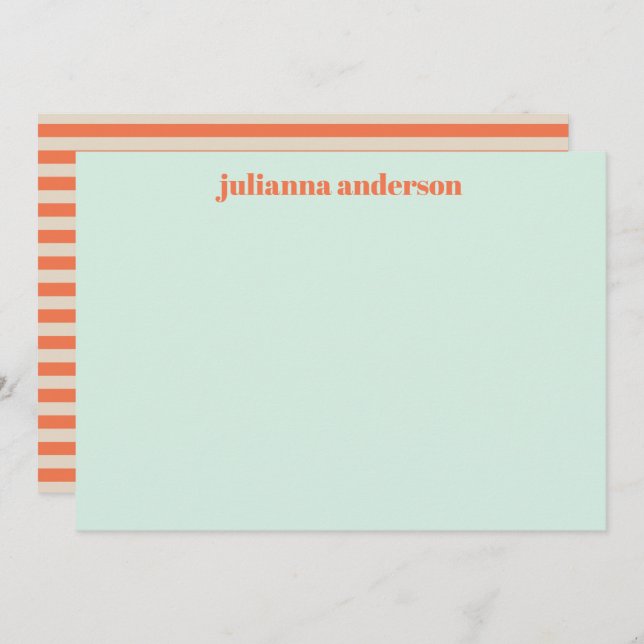 Modern Summer Mint Orange Striped Personalized  Note Card (Front/Back)