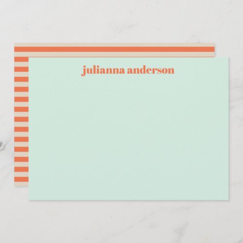 Modern Summer Mint Orange Striped Personalized  Note Card