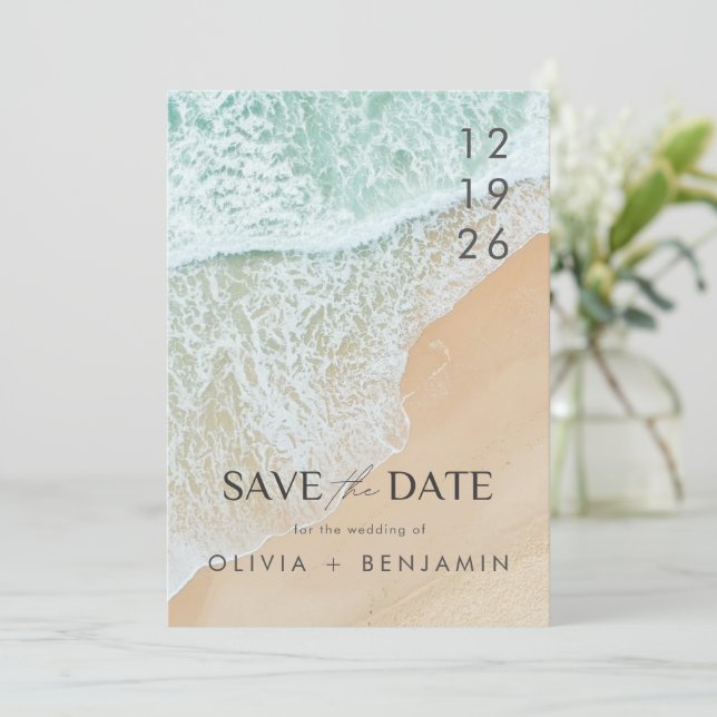 Modern Summer Ocean Beach Wedding Save The Date Invitation (Standing Front)