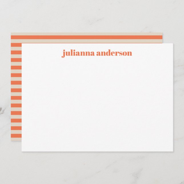 Modern Summer Orange Striped Personalized Name Note Card (Front/Back)