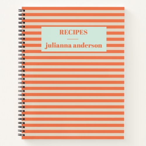 Modern Summer Orange Striped Personalized Recipe N Notebook