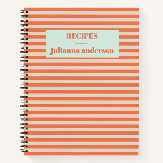 Modern Summer Orange Striped Personalized Recipe N Notebook (Front)