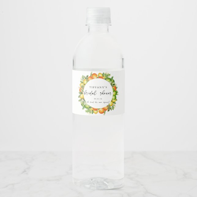 Modern Summer Oranges Lemon Citrus Bridal Shower Water Bottle Label (Front)
