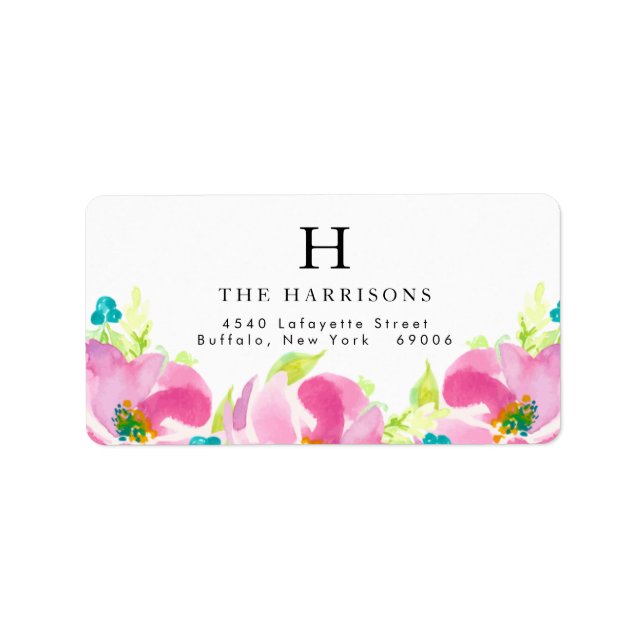 Modern Summer Pink Floral Turquoise Personalized Label (Front)